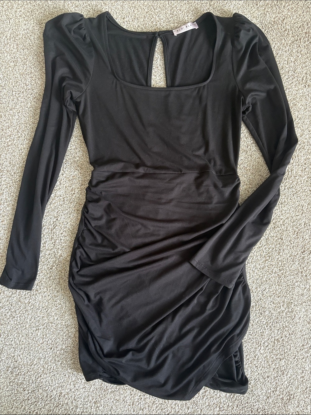 Blue Blush Black Long Sleeve Ruched Scoop-Back Dress